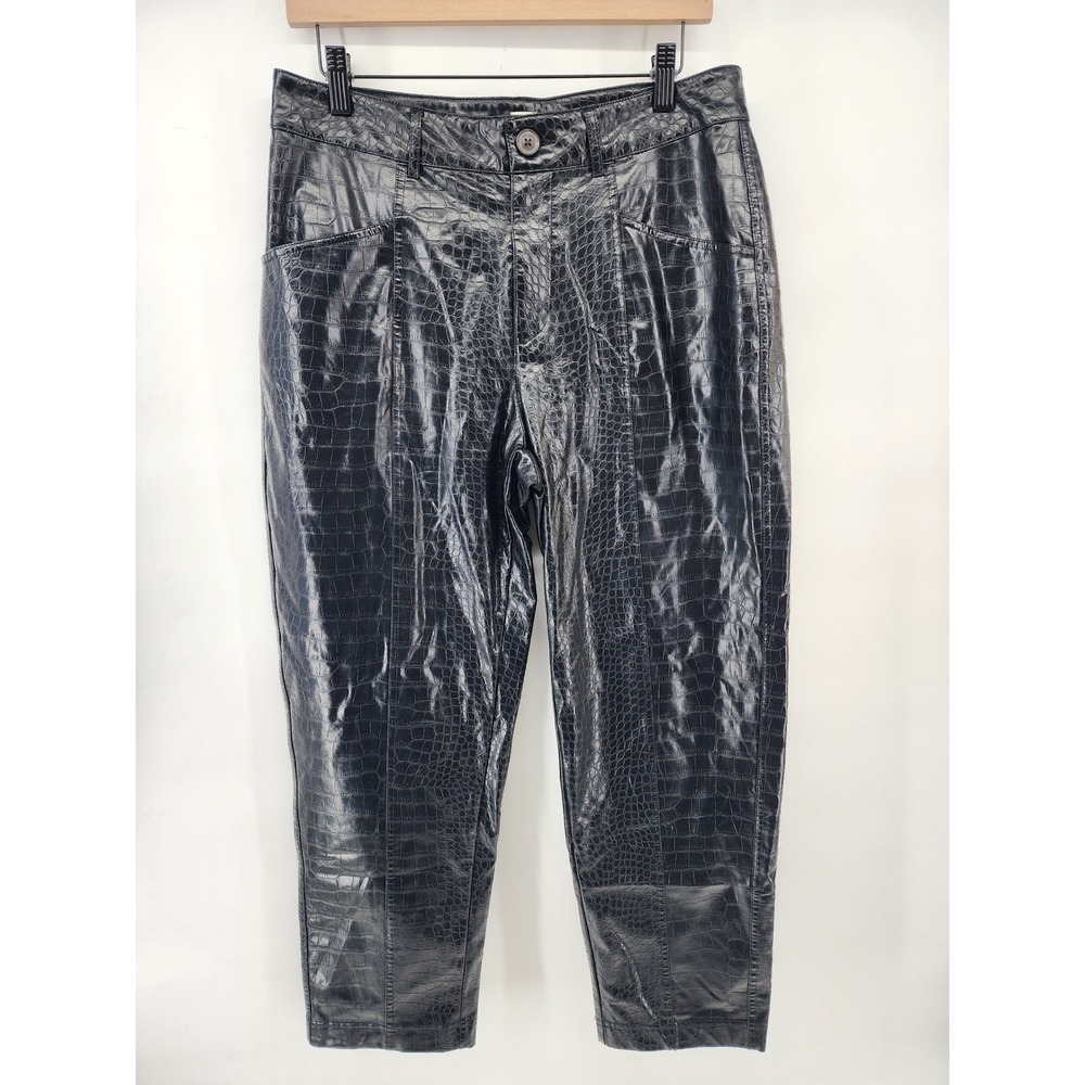 Black Faux Leather Croc Embossed Ankle Pants Size 10 Biker Animal Print Edgy Out